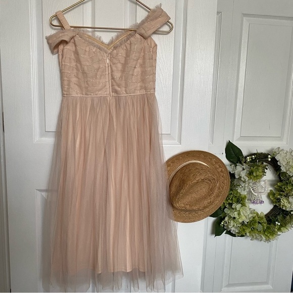 maniju New With Tag soft pink tulle ballet of the shoulder blush dress Boho S - Picture 4 of 11
